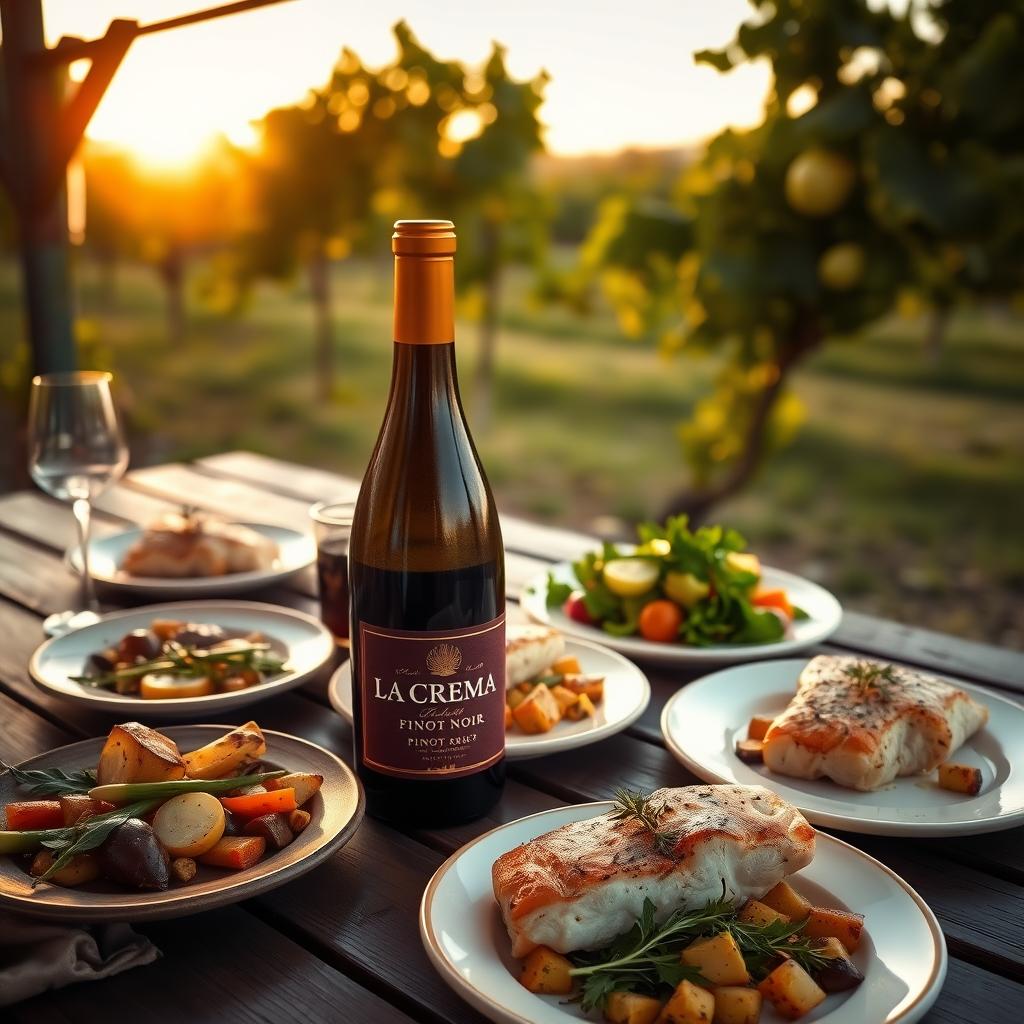 A rustic outdoor table with La Crema Pinot Noir, grilled salmon, and a vineyard sunset backdrop.