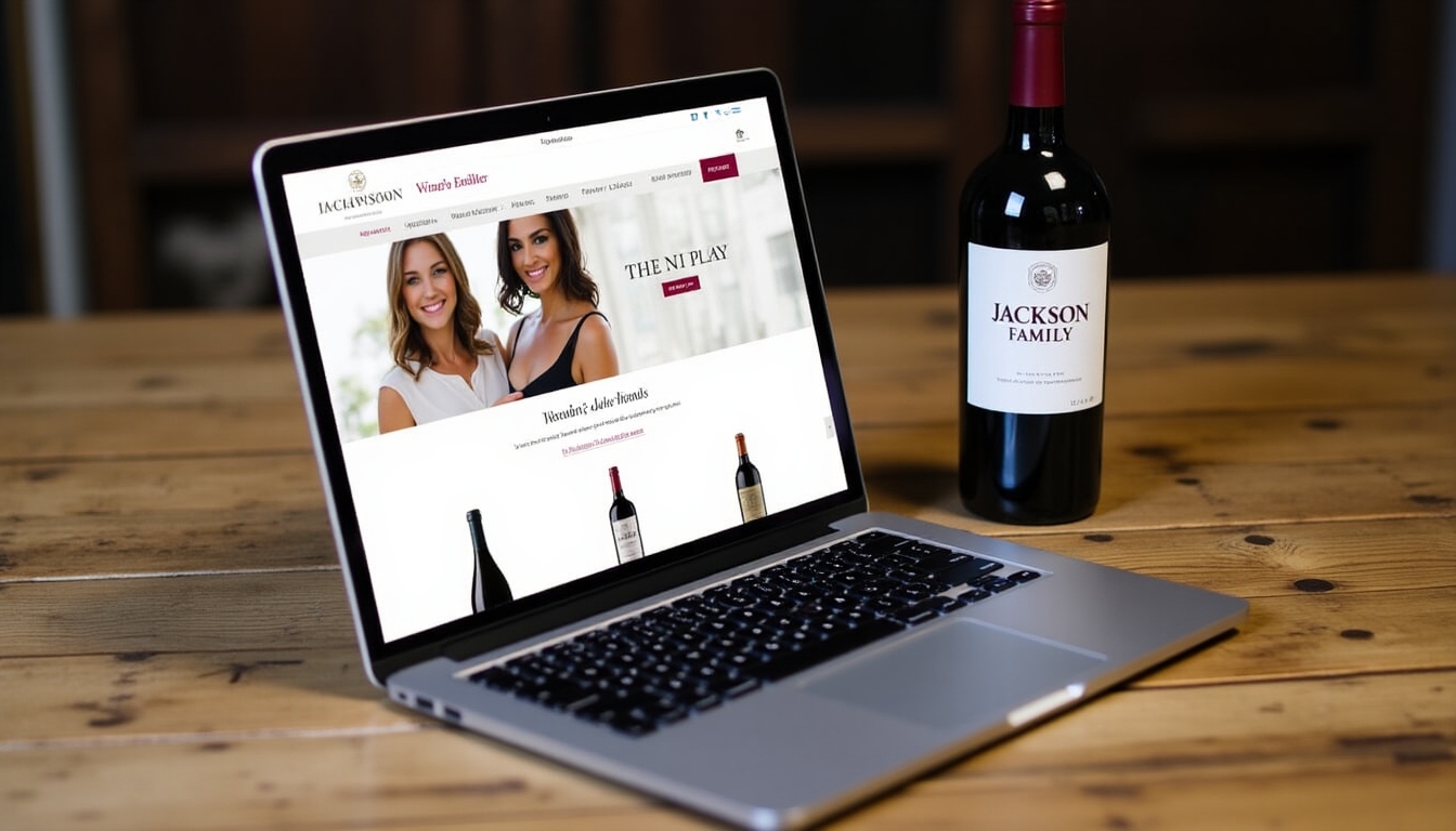 A cozy home setup with a laptop showing a wine retailer website, featuring a bottle of Jackson Family Wines on the side.