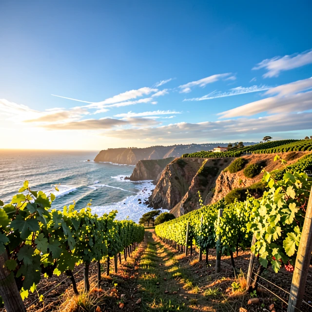 California coastal vineyard overlooking the Pacific Ocean at sunset