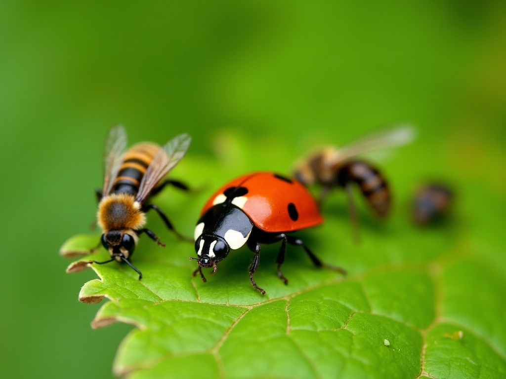 Ladybug and other beneficial insects thriving in a biodiverse vineyard ecosystem.