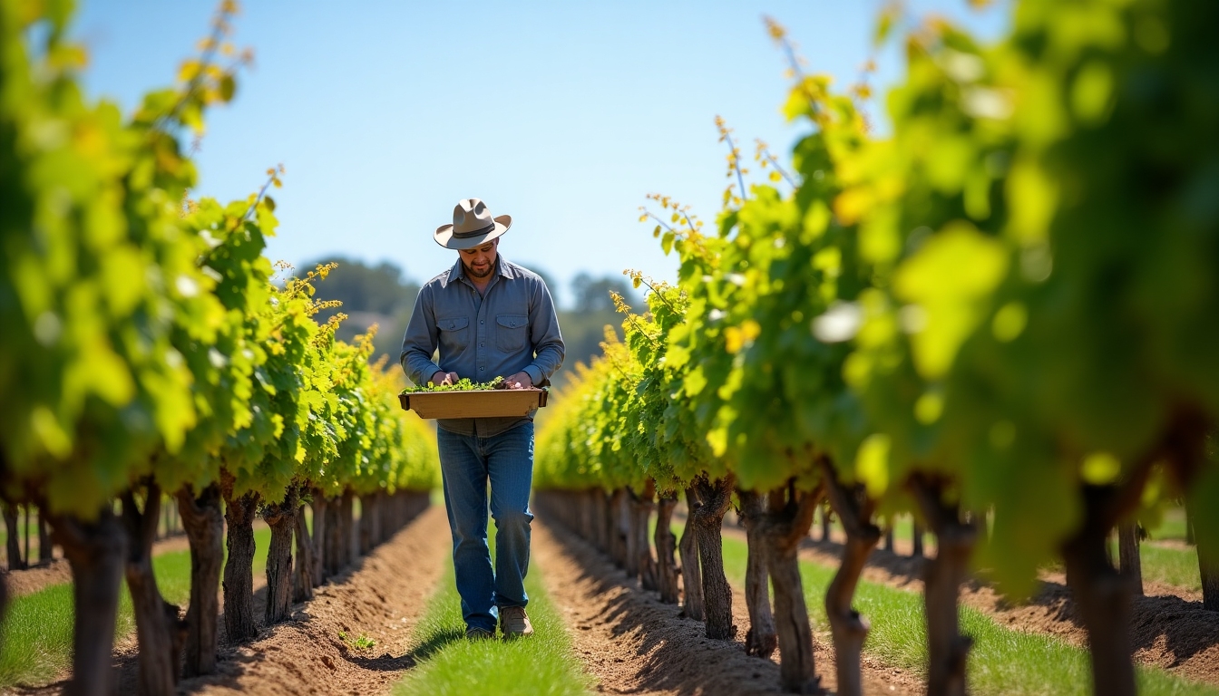 A vineyard worker tending to vines, illustrating sustainable agricultural practices.
