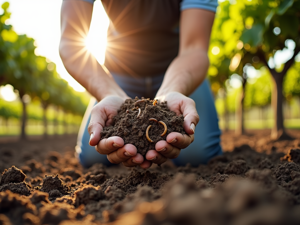Vineyard worker examining healthy soil in an organic vineyard