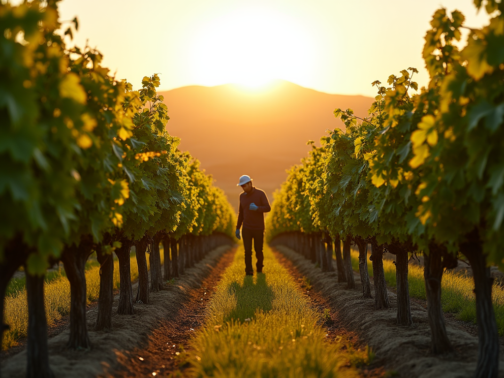 Sunny vineyard with rows of grapevines.