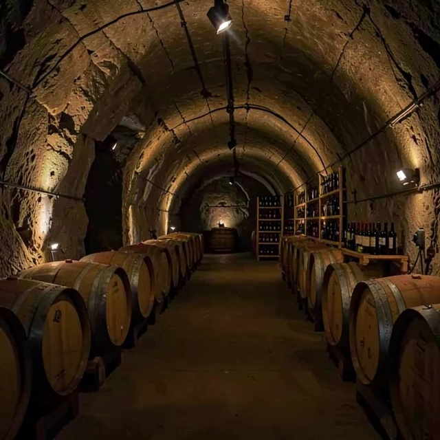 Inside the historic wine caves at Beringer Vineyards showing aging barrels