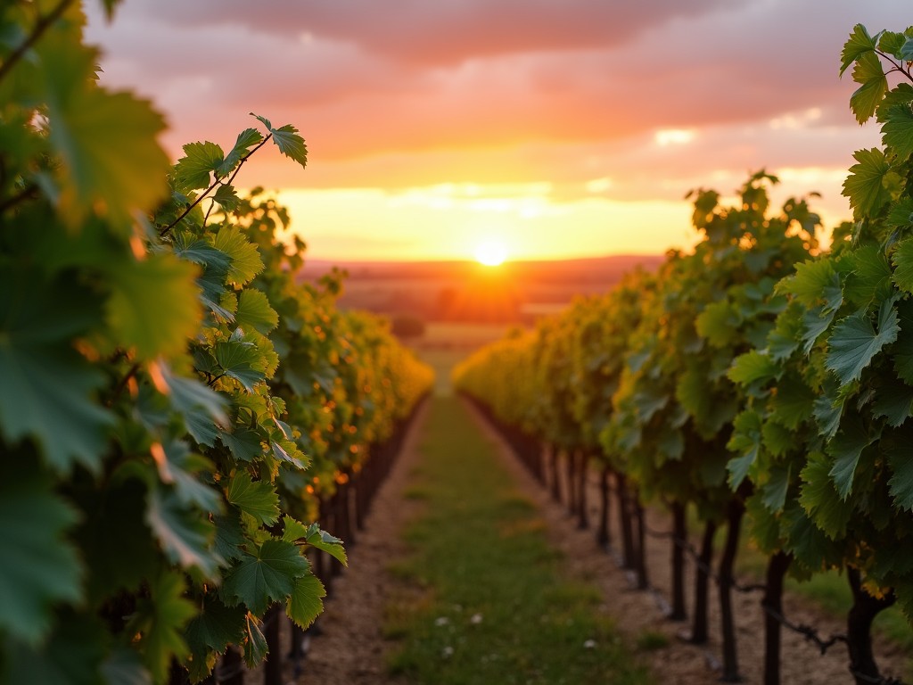 A relaxing vineyard landscape at sunset, with grapes on vines and warm golden light washing over the landscape.