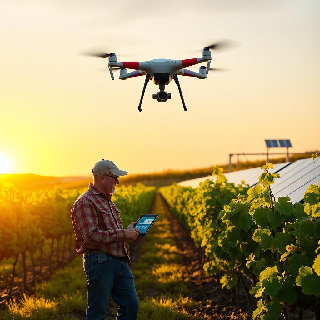 A farmer in a vineyard at sunrise uses a tablet to monitor crops, with solar panels and a drone in the background.