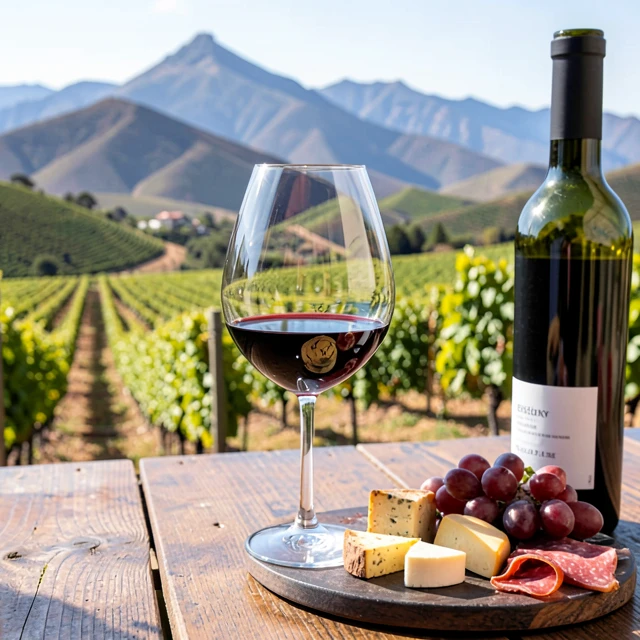 Wine tasting setup with vineyard view