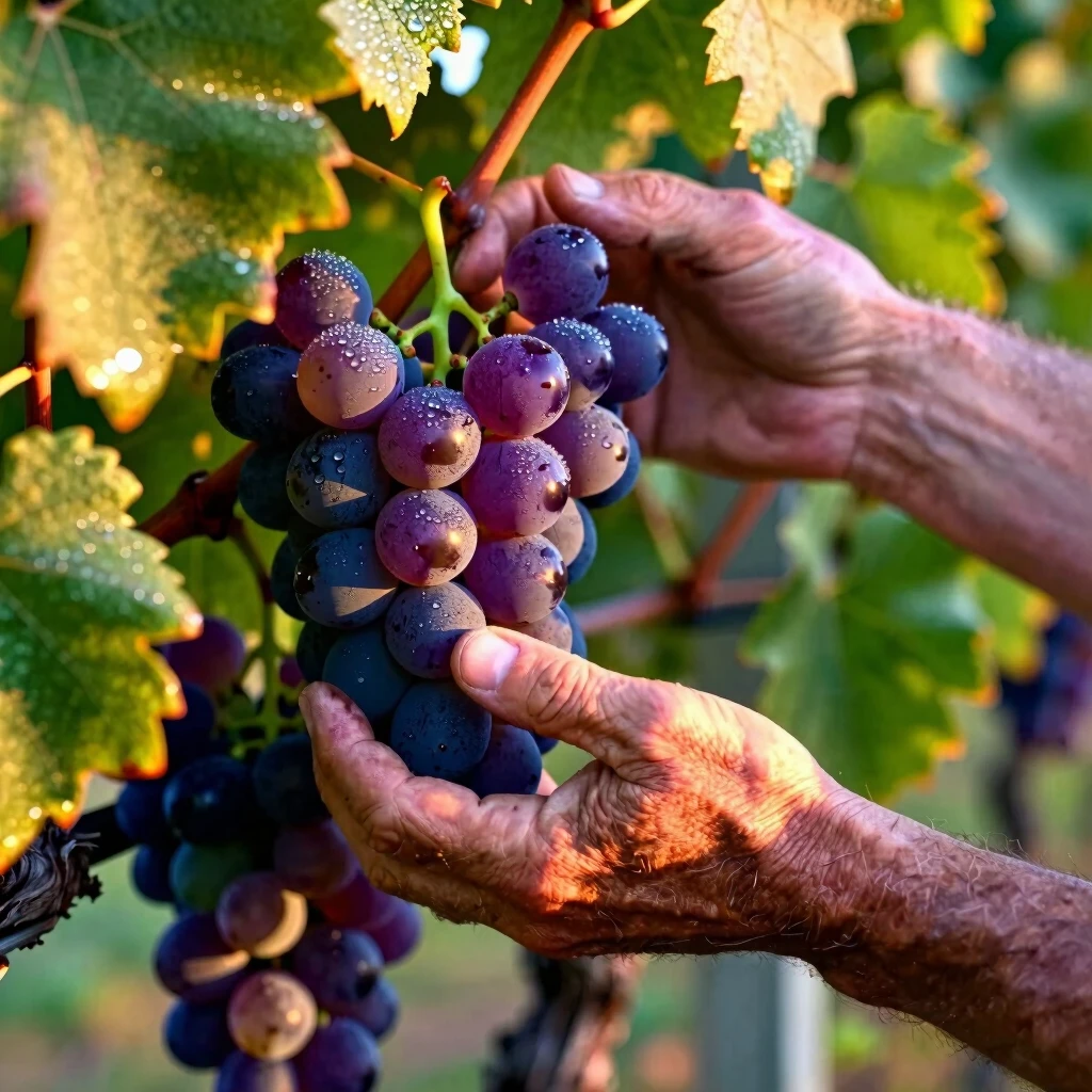 Hands harvesting ripe grapes organically at sunrise in a vineyard