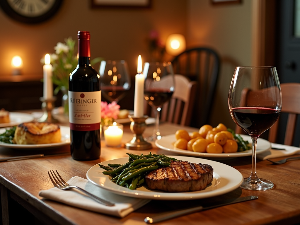 Dinner table with Beringer Merlot and tasty food pairings.