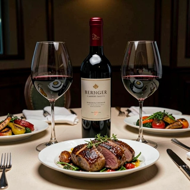 Elegant table with Beringer Cabernet Sauvignon and roasted lamb