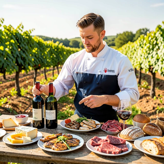 Sommelier presenting a variety of wine and food pairings at a vineyard