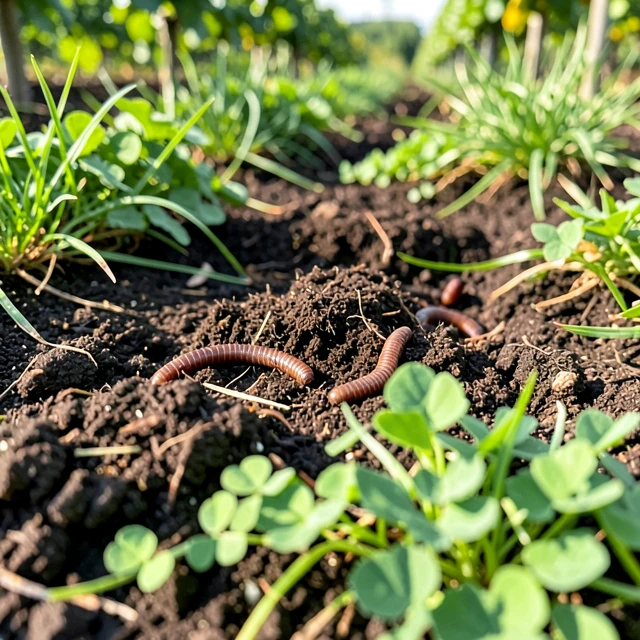 Close-up of regenerative vineyard soil with cover crops and organic matter
