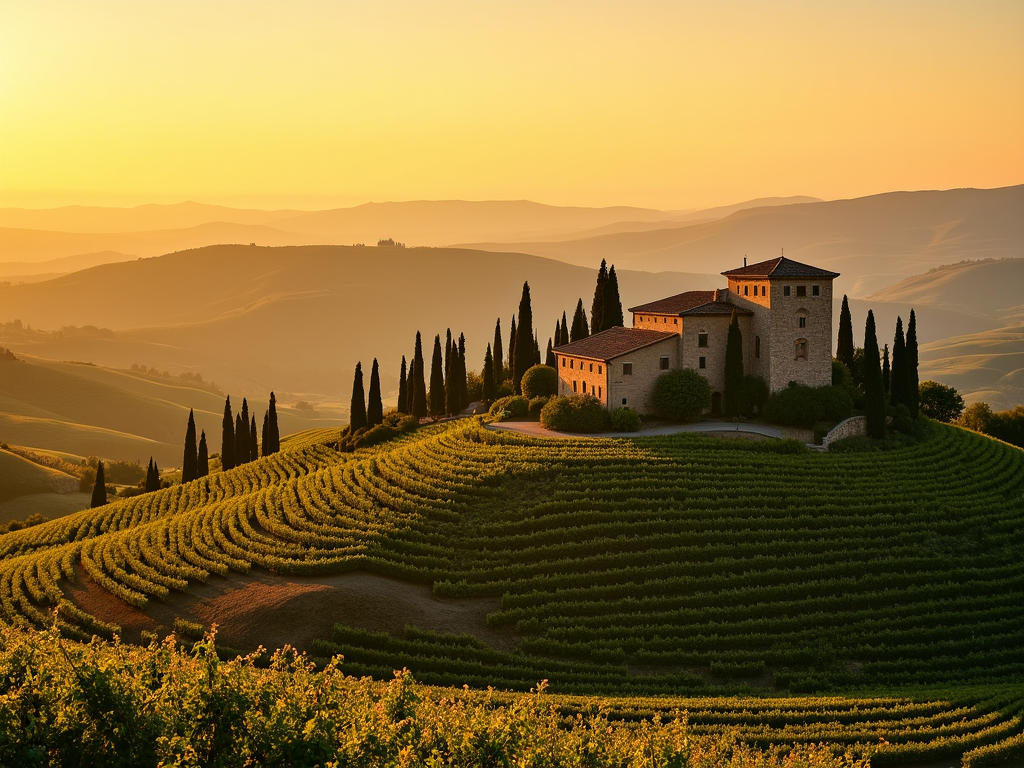 Tuscany vineyards at golden hour