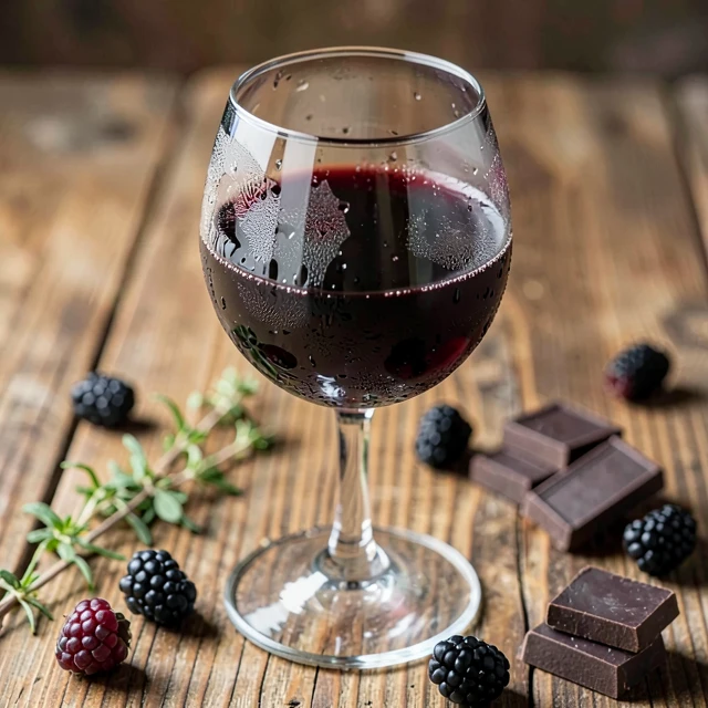 Close-up of Beringer Merlot in a glass with complementary tasting elements