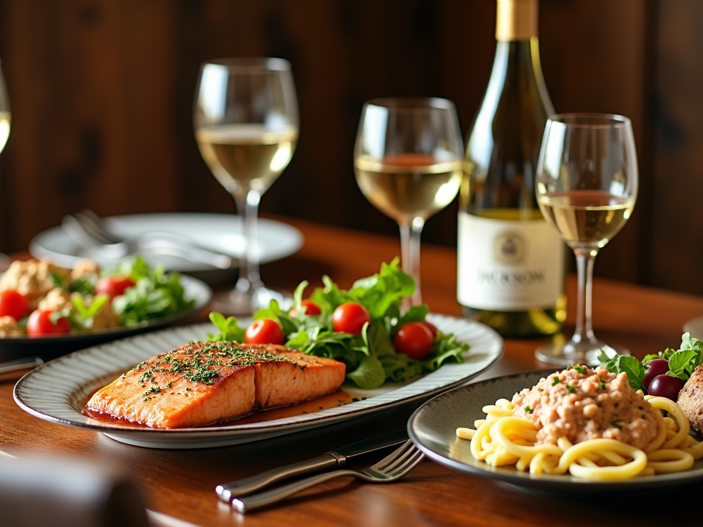 A warm dining table showcasing Jackson Family Wines' white wine paired with a variety of dishes.
