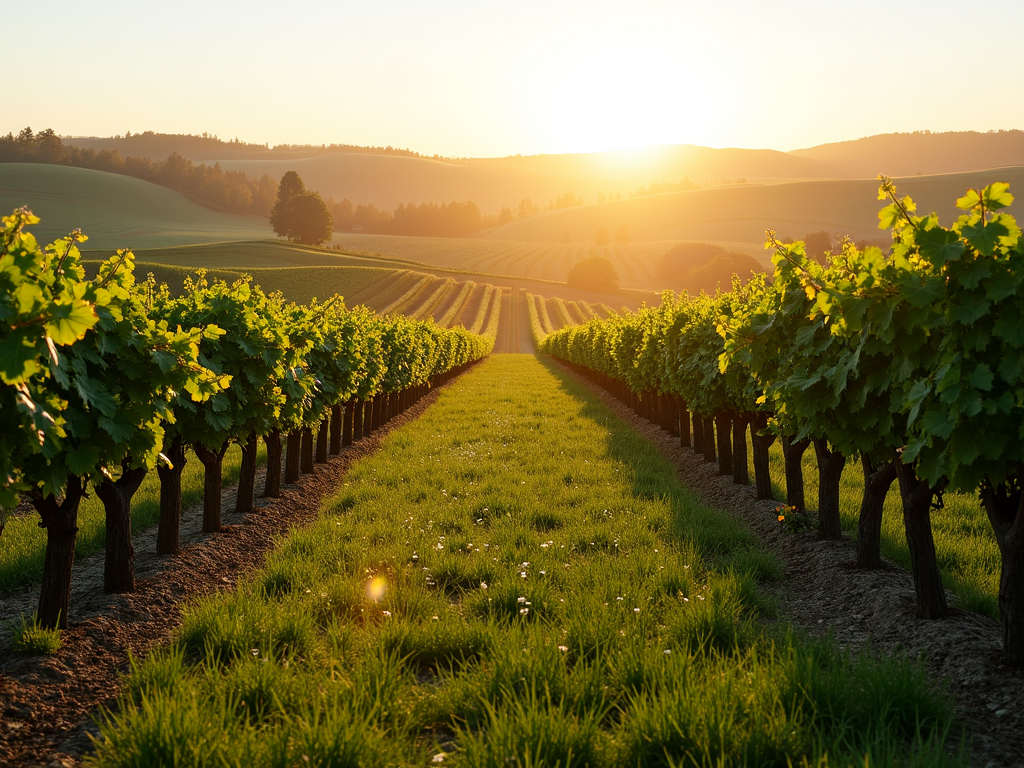 A biodynamic vineyard at sunrise, showcasing sustainability and biodiversity.