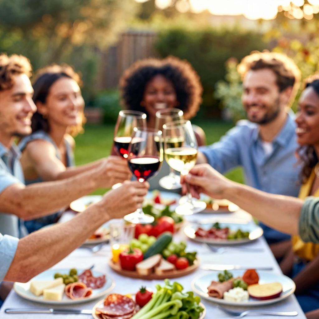 Friends toasting with sustainable wines at a garden dinner