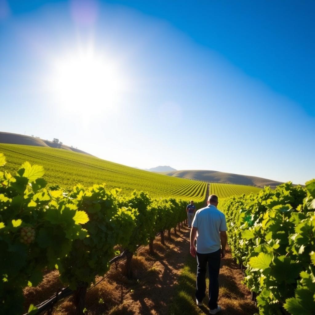 Sunlit Sonoma County vineyard with workers tending to grapevines