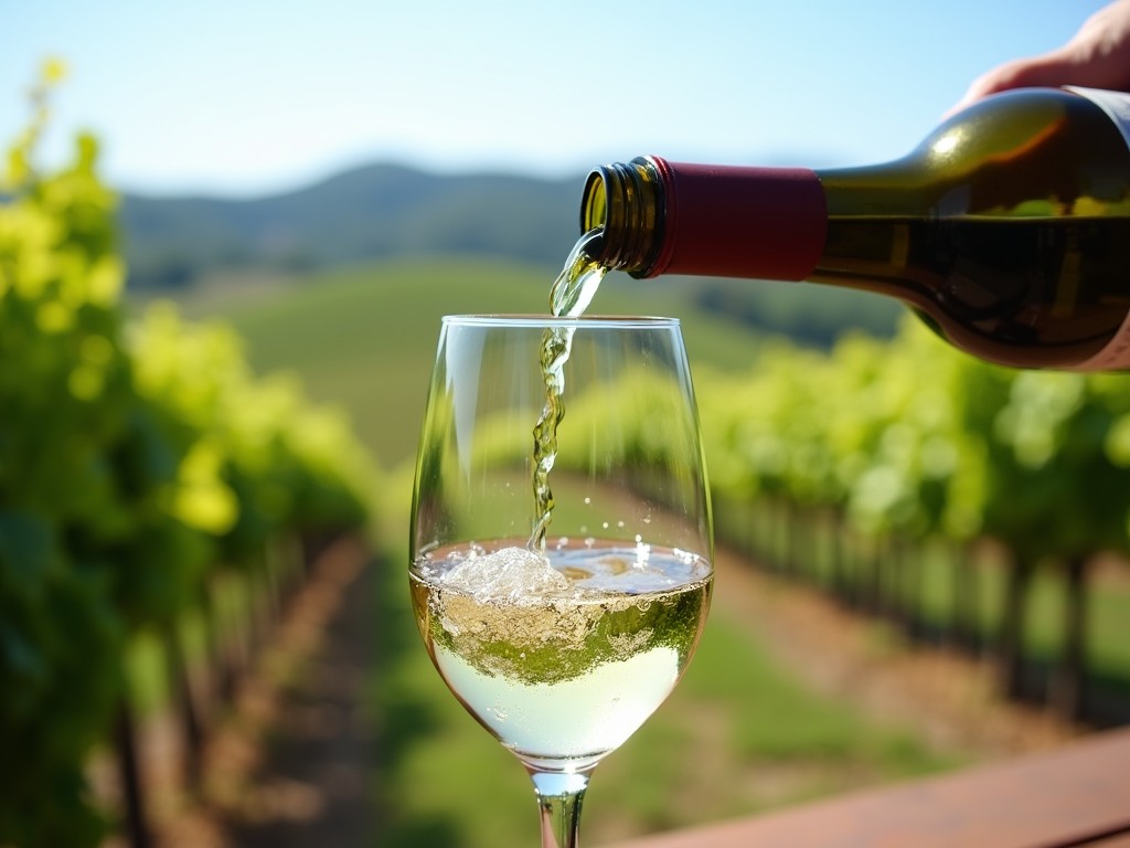 White wine pouring into a wine glass with a vineyard in the background.