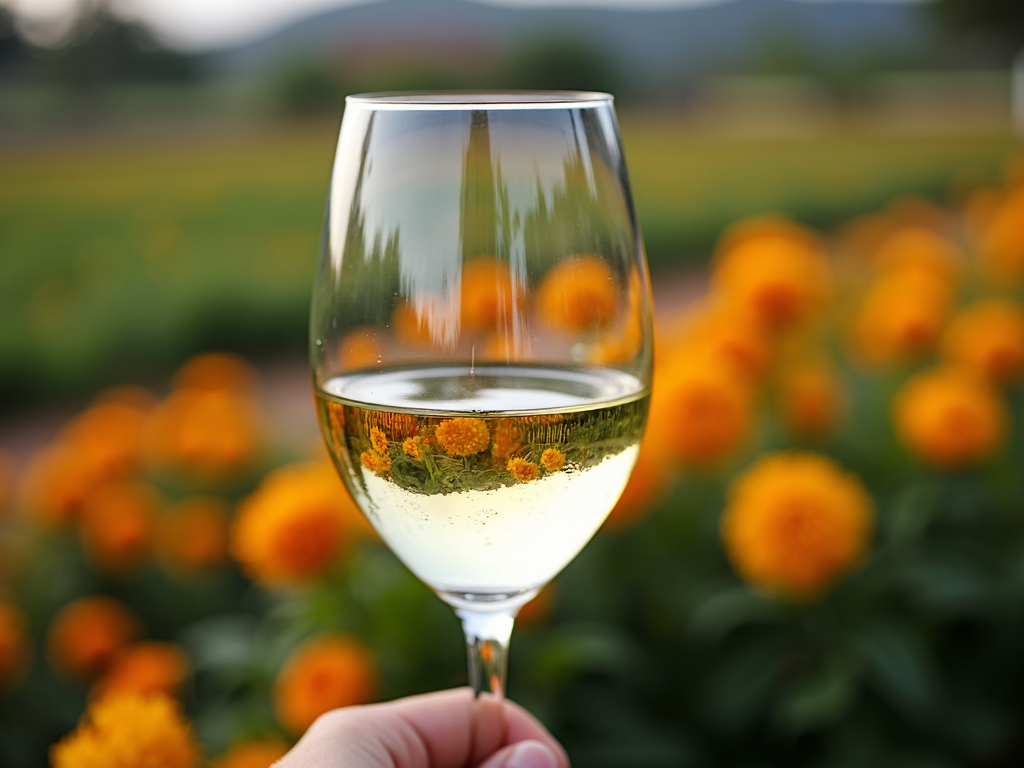 Glass of Chardonnay with garden background