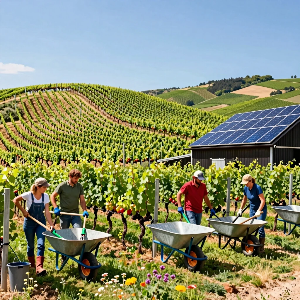 Vibrant sustainable vineyard with eco-friendly practices in full swing