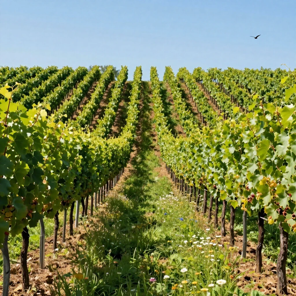 Lush organic vineyard with rows of grapevines under a clear blue sky