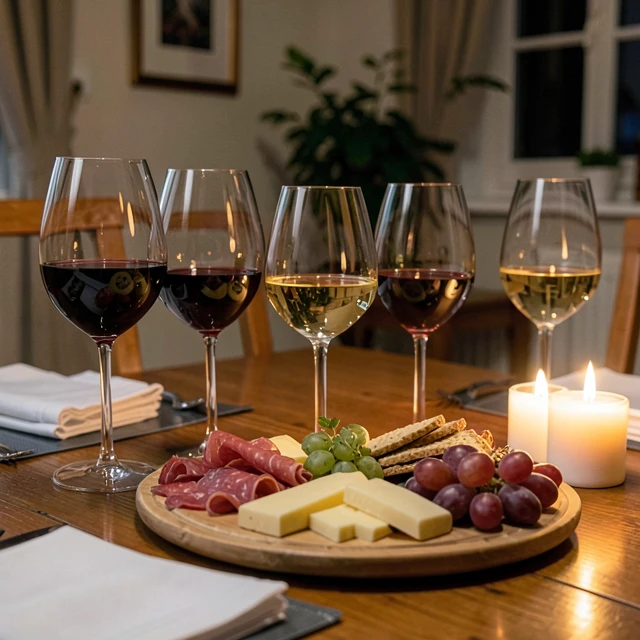 Home wine tasting setup with glasses, cheese, and appetizers