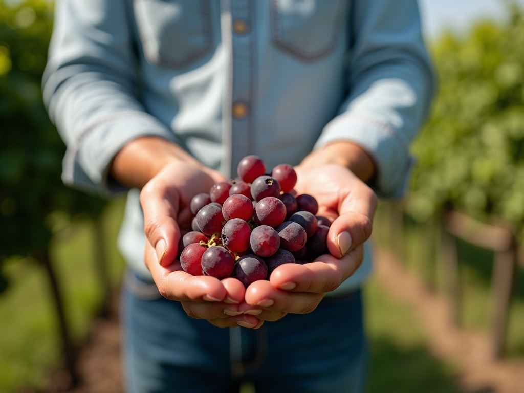 Winemaker holding grapes in a vineyard.