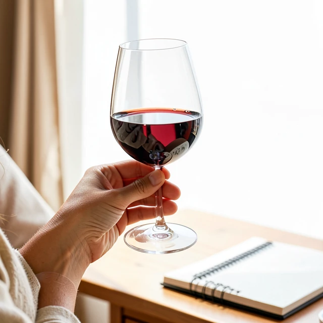 Beginner examining red wine color in a glass against light