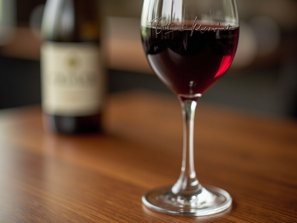 A glass of Beringer Merlot, showcasing its deep red hue.
