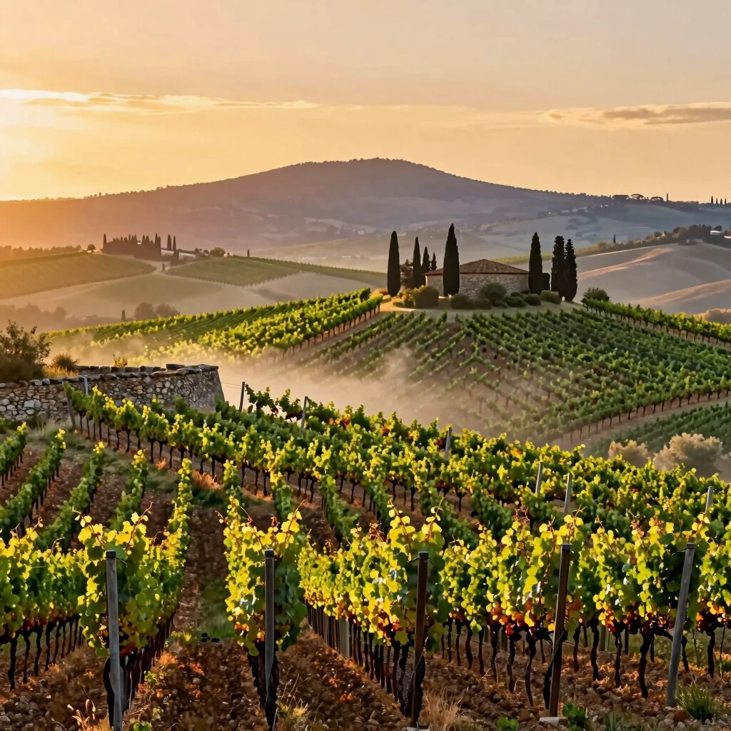 Sunset over Tuscan vineyard showcasing terroir's diverse soils and slopes