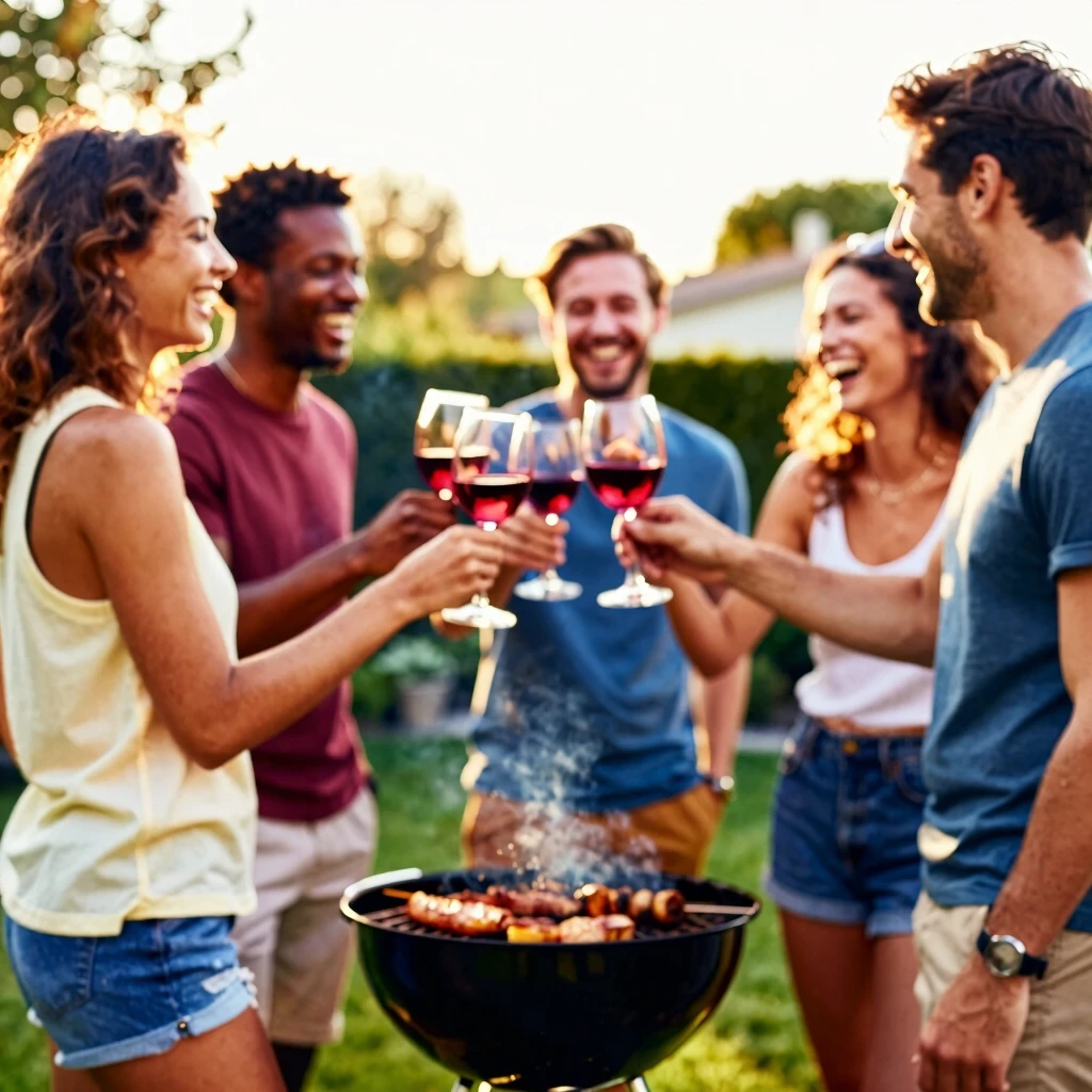 Friends laughing and toasting red wine at a lively backyard BBQ