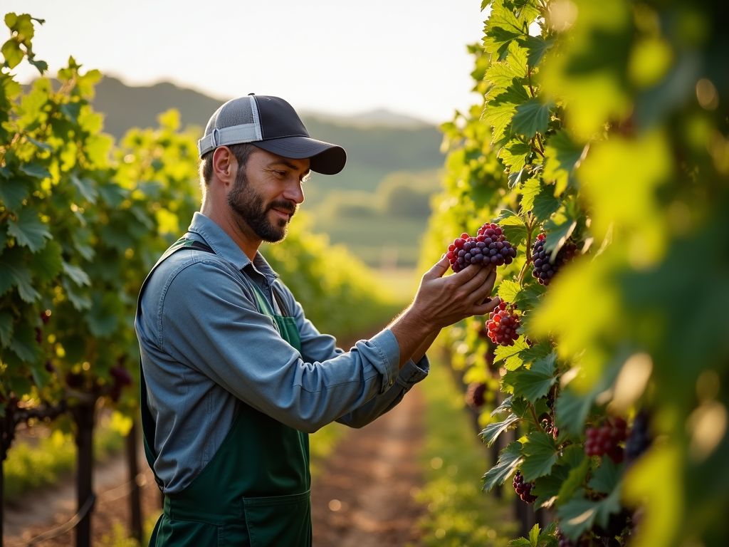 Vineyard worker inspecting grapes