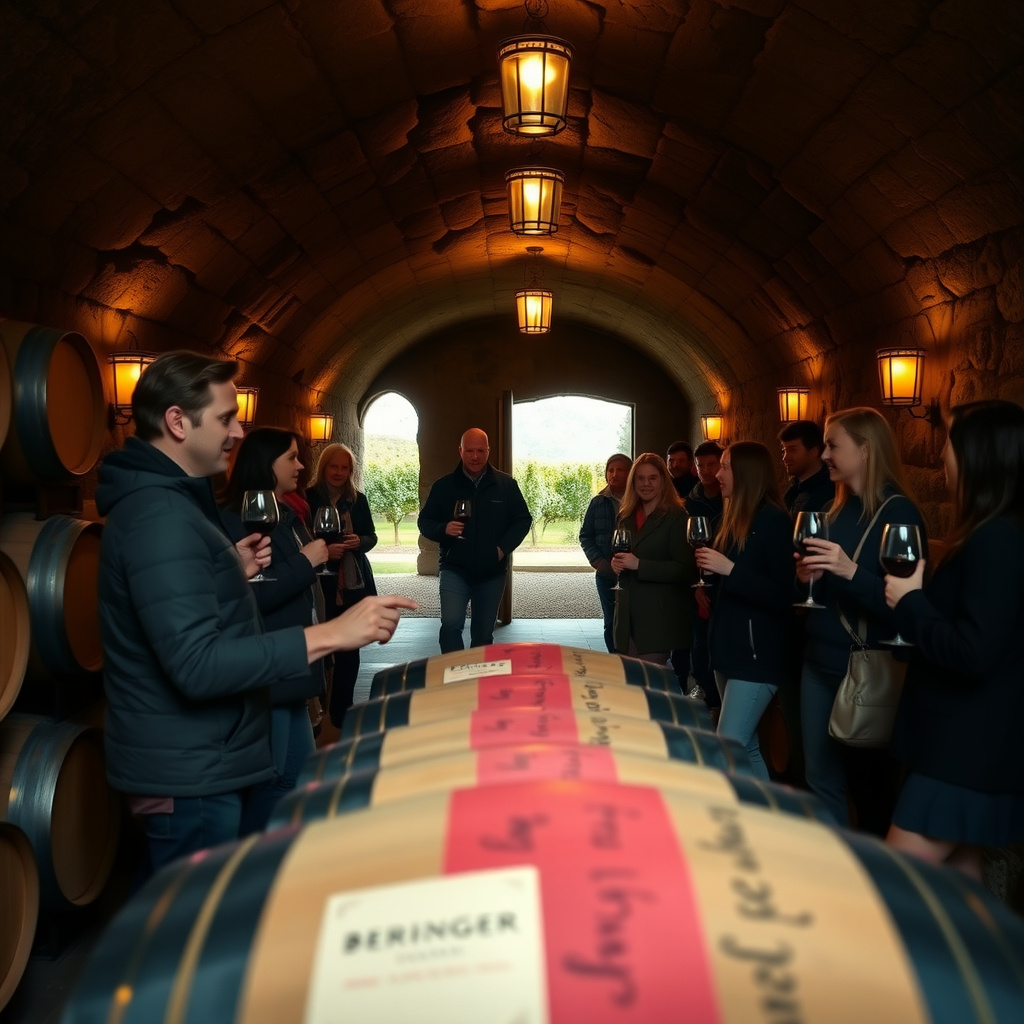 Enthusiastic group exploring the historic wine caves during a Beringer tour