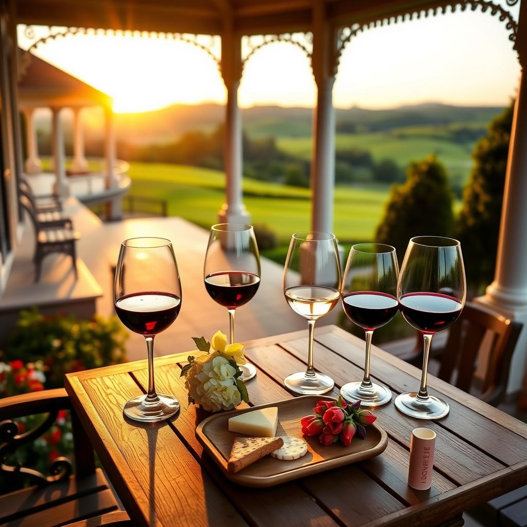 A wine tasting setup on the Rhine House veranda at Beringer Vineyards with wine glasses, a cheese platter, and scenic views.