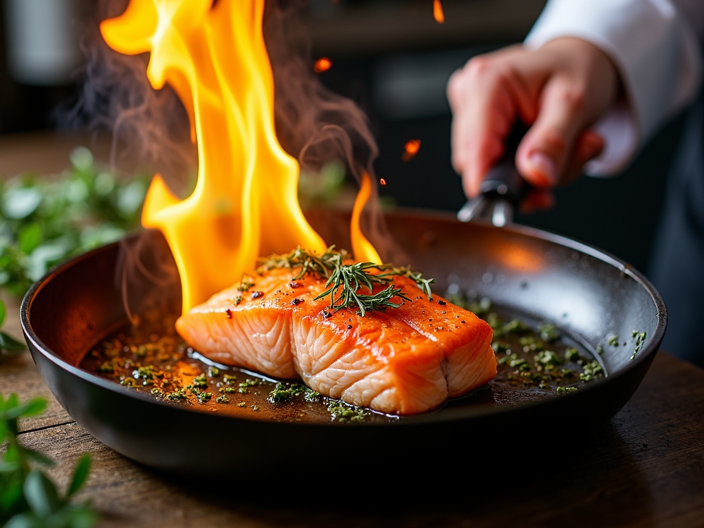 Chef cooking salmon for wine pairing