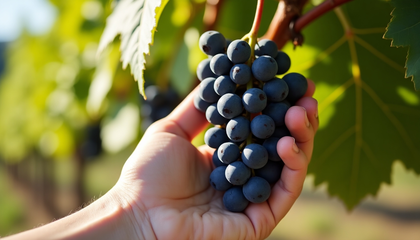 Hand picking grapes from an organic vine