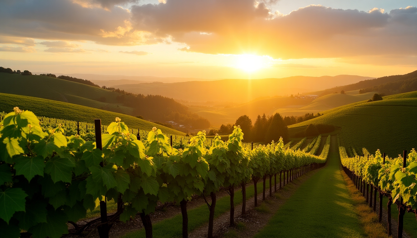 A picturesque vineyard at dawn with rolling green hills.