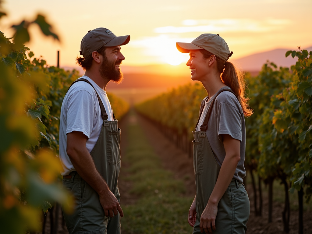 Vineyard workers in an organic vineyard
