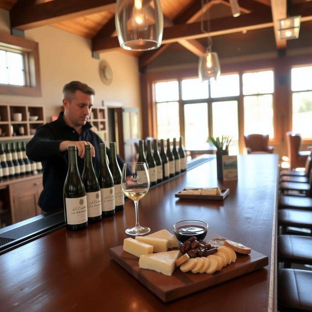 Jackson Family Wines tasting room with La Crema Pinot Noir being poured and a charcuterie board.