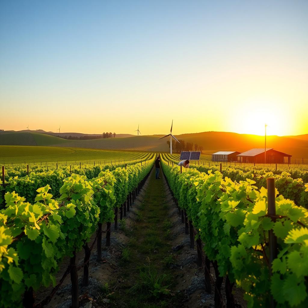 A sustainable vineyard with grapevines, workers, and renewable energy sources at sunset.