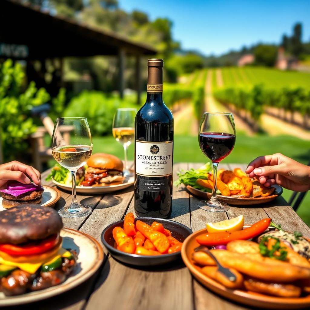 A Sonoma backyard barbecue with grilled foods and a bottle of Stonestreet Cabernet Sauvignon on a rustic table.