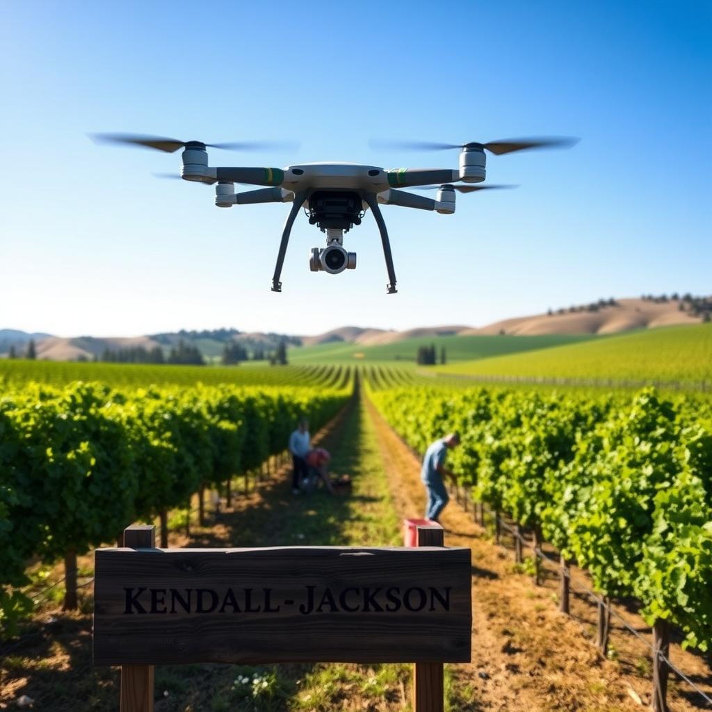 Sunlit vineyard in Sonoma County with Kendall-Jackson sign and workers tending vines.