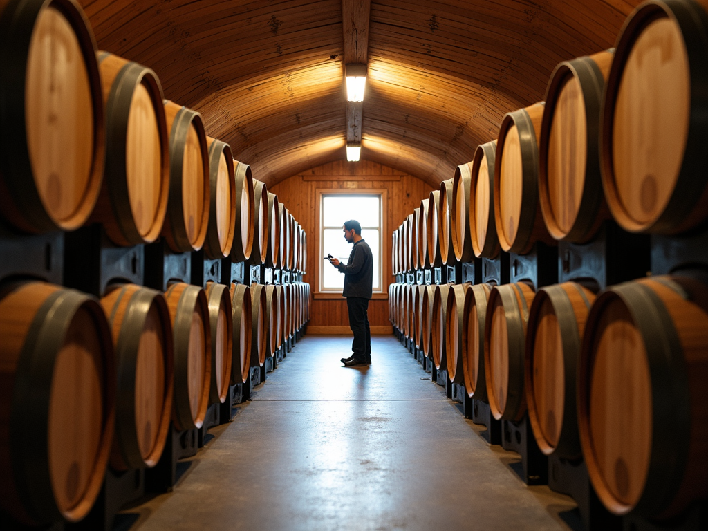 Eco-friendly barrel room with oak barrels