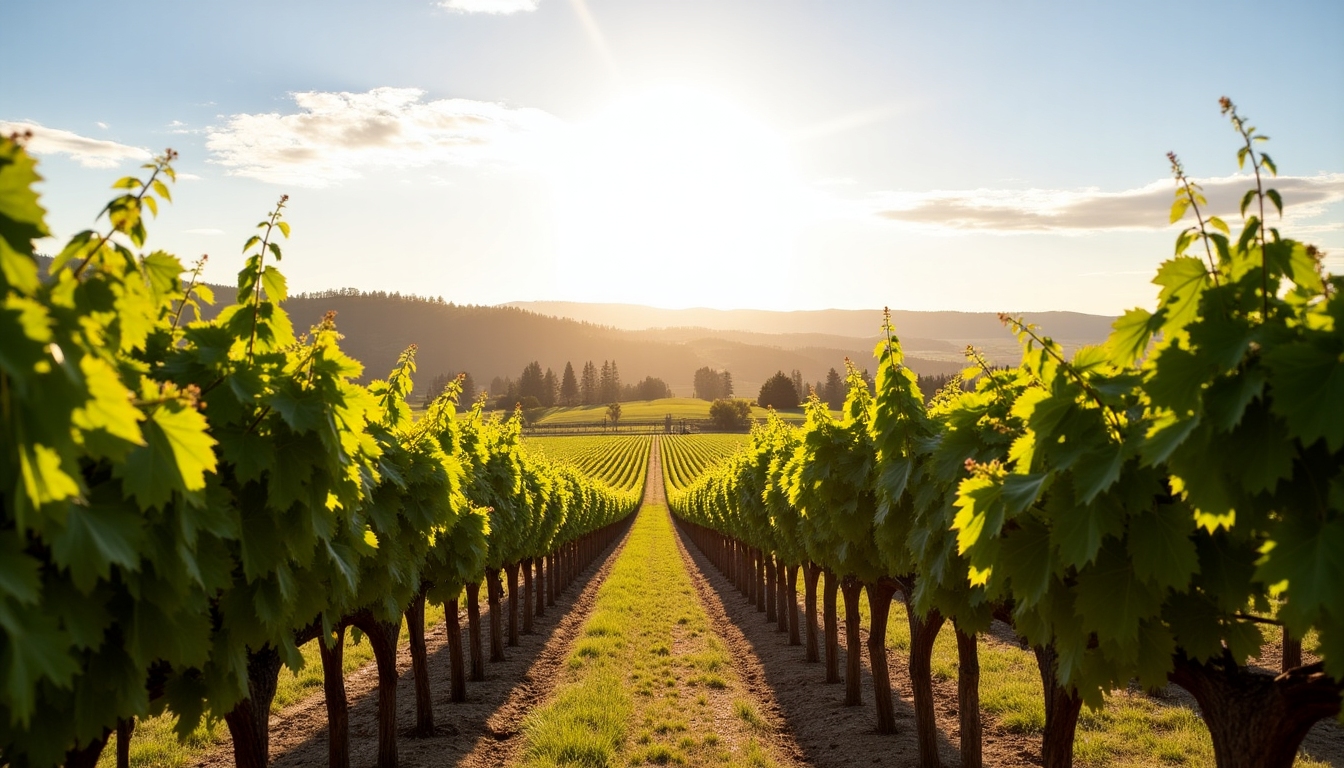 A scenic view of Beringer Vineyards with lush grapevines stretching across a valley under a clear blue sky.
