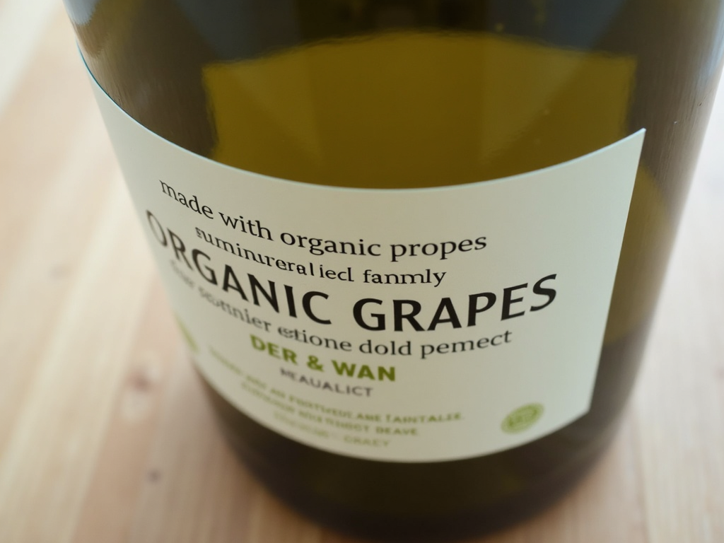 A sustainable wine bottle with informative labeling.