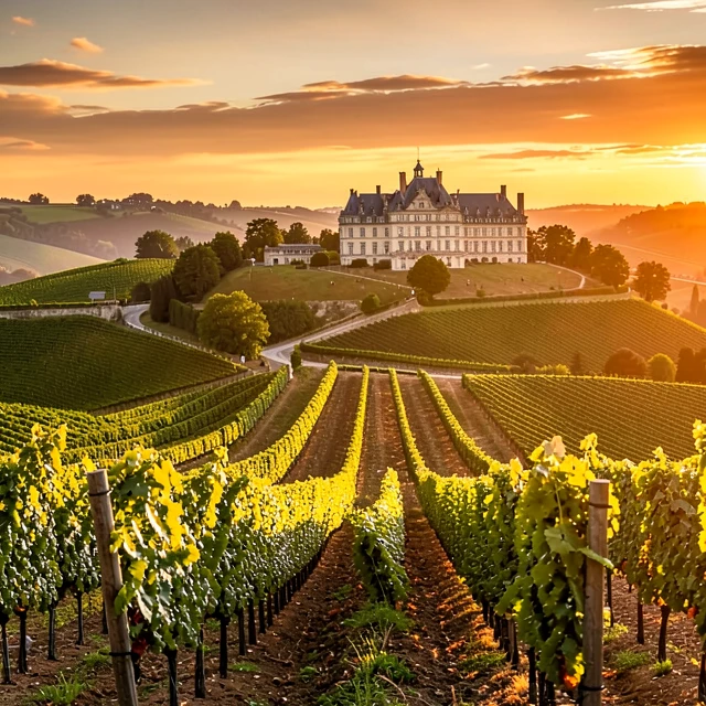 Bordeaux vineyards at sunset in France