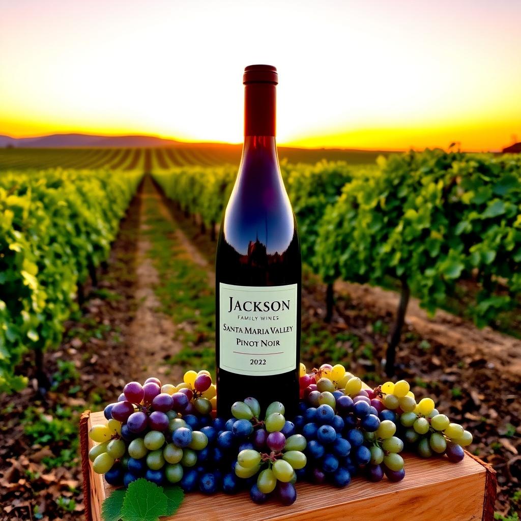 Jackson Family Wines Pinot Noir bottle on a crate in a vineyard at sunset.