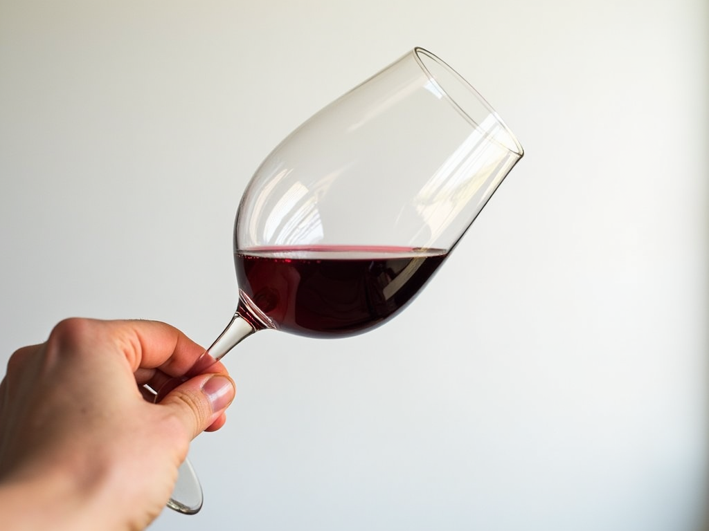 Hand tilting a glass of red wine to check its color.
