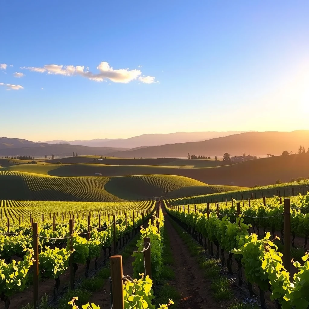 Scenic rolling vineyards in Napa Valley at golden hour with mountains in the background
